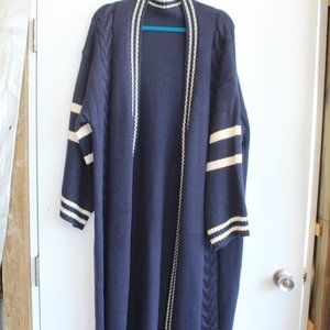 Buddha Trends Navy w/ White Stripes Long Open Front Knit Stitch Sweater Jacket